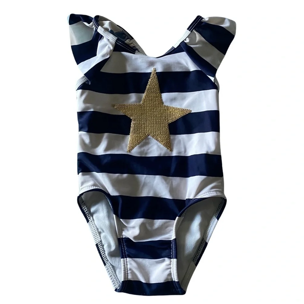 CAT & JACK-BLUE AND WHITE STRIPE SWIMSUIT